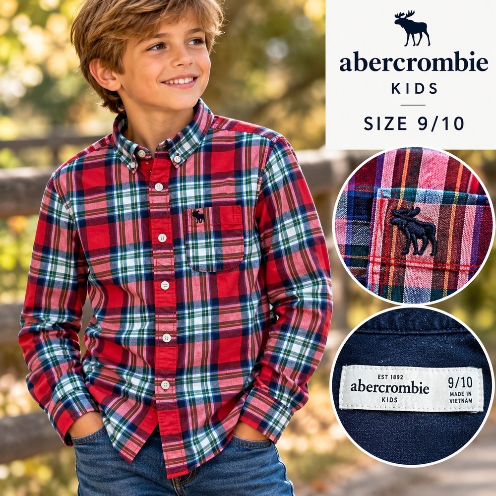 Abercrombie Button Down Shirt Boys 9/10 Red Plaid LS Moose Logo Cotton Classic